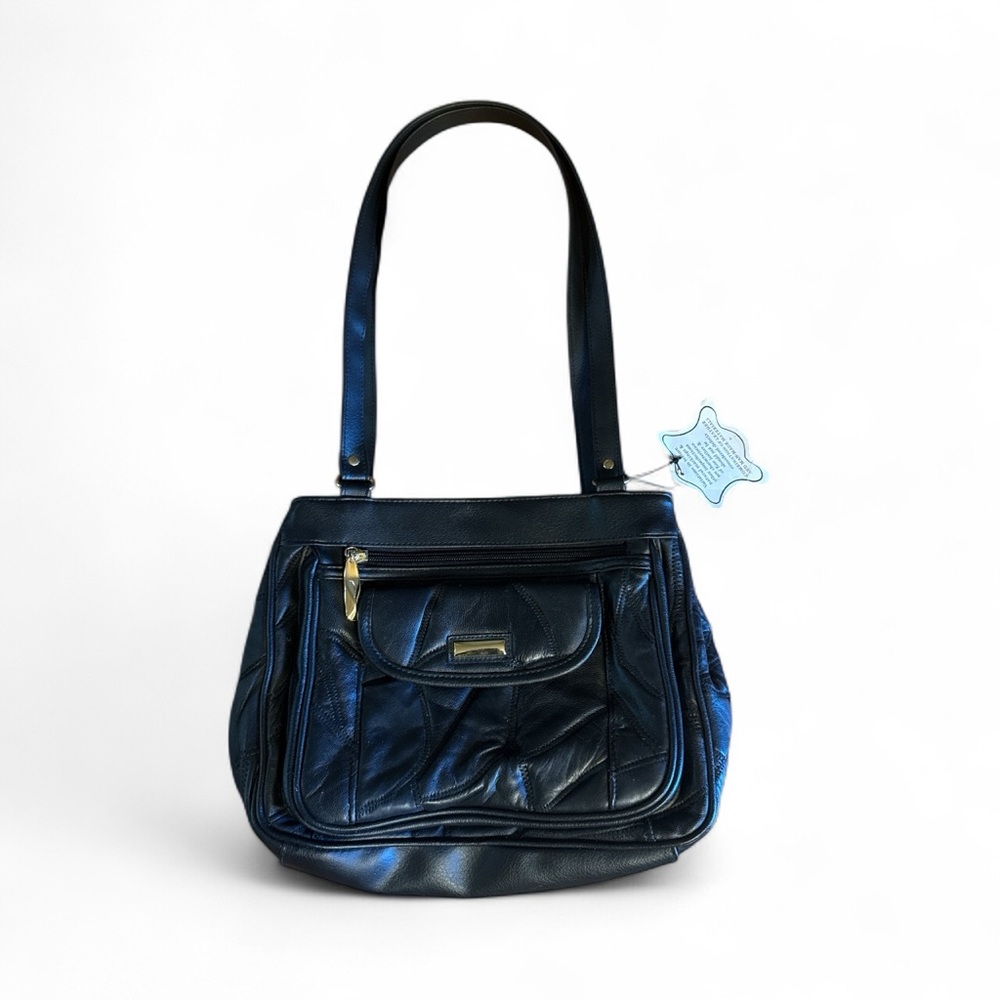 New Black Patchwork Leather Shoulder Bag Three Pockets